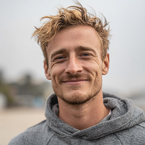 Jeune homme souriant aux cheveux blonds ondulés portant un sweat à capuche gris à l'extérieur.