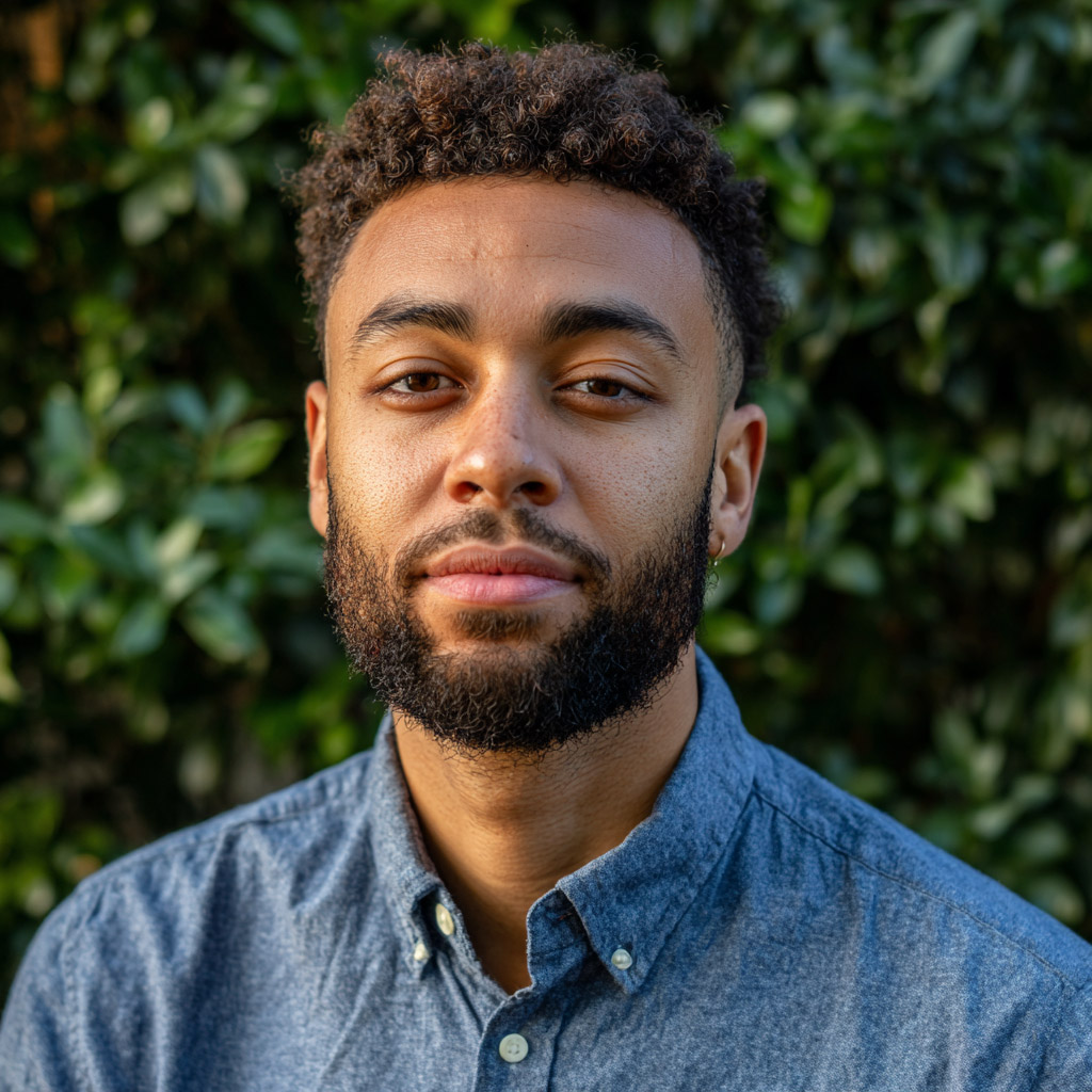 Portrait d'un homme aux cheveux bouclés et barbe courte portant une chemise bleue, avec un fond de feuilles vertes floues.