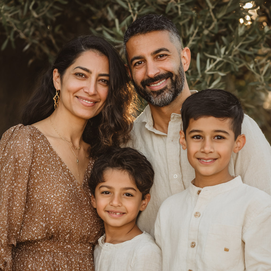 Portrait d'une famille souriante composée d'un homme, d'une femme et de deux jeunes garçons devant des arbres.