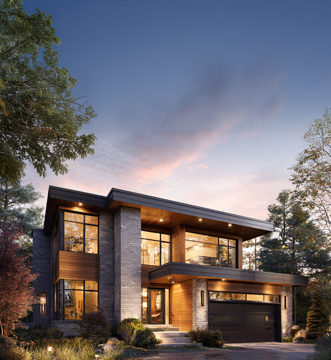 Maison moderne à deux étages avec façades en pierre et bois, grandes fenêtres illuminées au crépuscule.