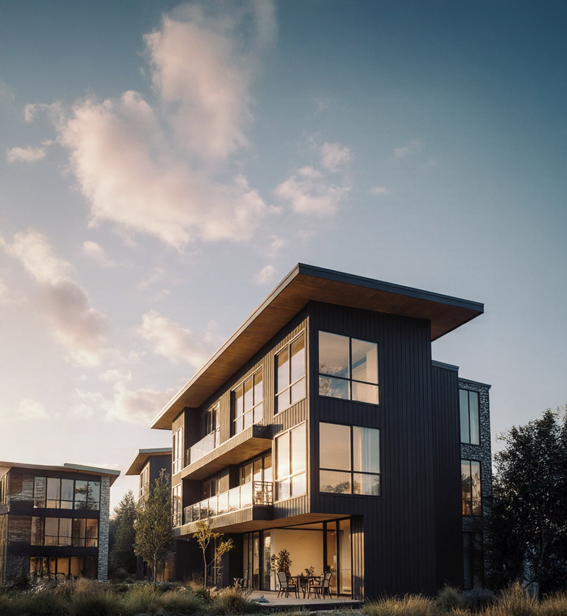 Immeuble moderne de trois étages avec grandes fenêtres et balcons, entouré d'arbres au coucher du soleil.