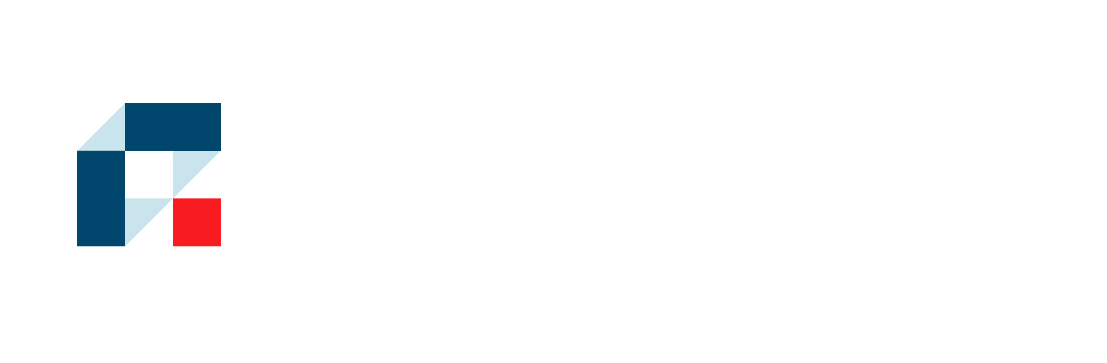 Logotipo geométrico con formas azules y un cuadrado rojo en la esquina inferior derecha.