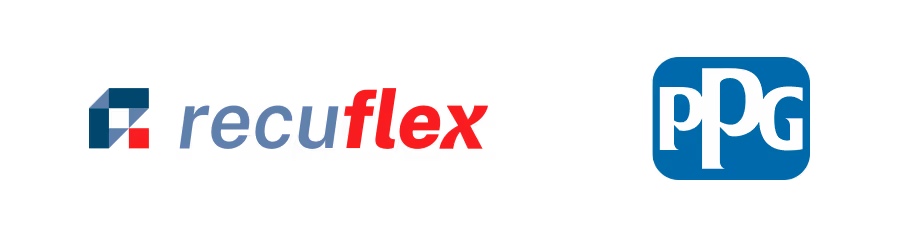 Logotipo de recuflex con texto en gris y rojo acompañado del logotipo de PPG en azul.