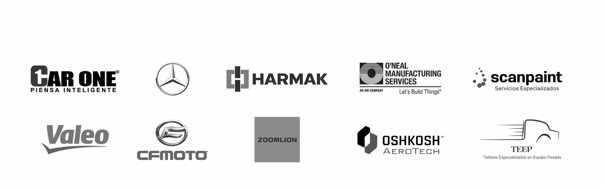Logotipos de las empresas Car One, Mercedes-Benz, Harmak, O’Neal Manufacturing Services, Scanpaint, Valeo, CFMOTO, Zoomlion, Oshkosh AeroTech y TEEP en una fila horizontal.