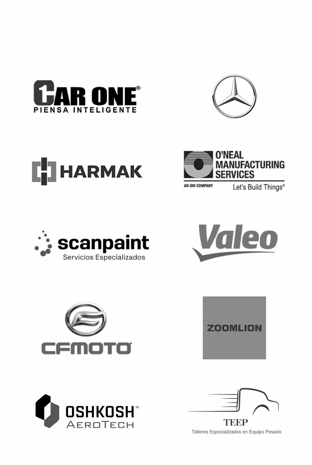 Logos en blanco y negro de las empresas Car One, Mercedes-Benz, Harmak, O'Neal Manufacturing Services, scanpaint, Valeo, CFMOTO, ZOOMLION, Oshkosh AeroTech y TEEP.