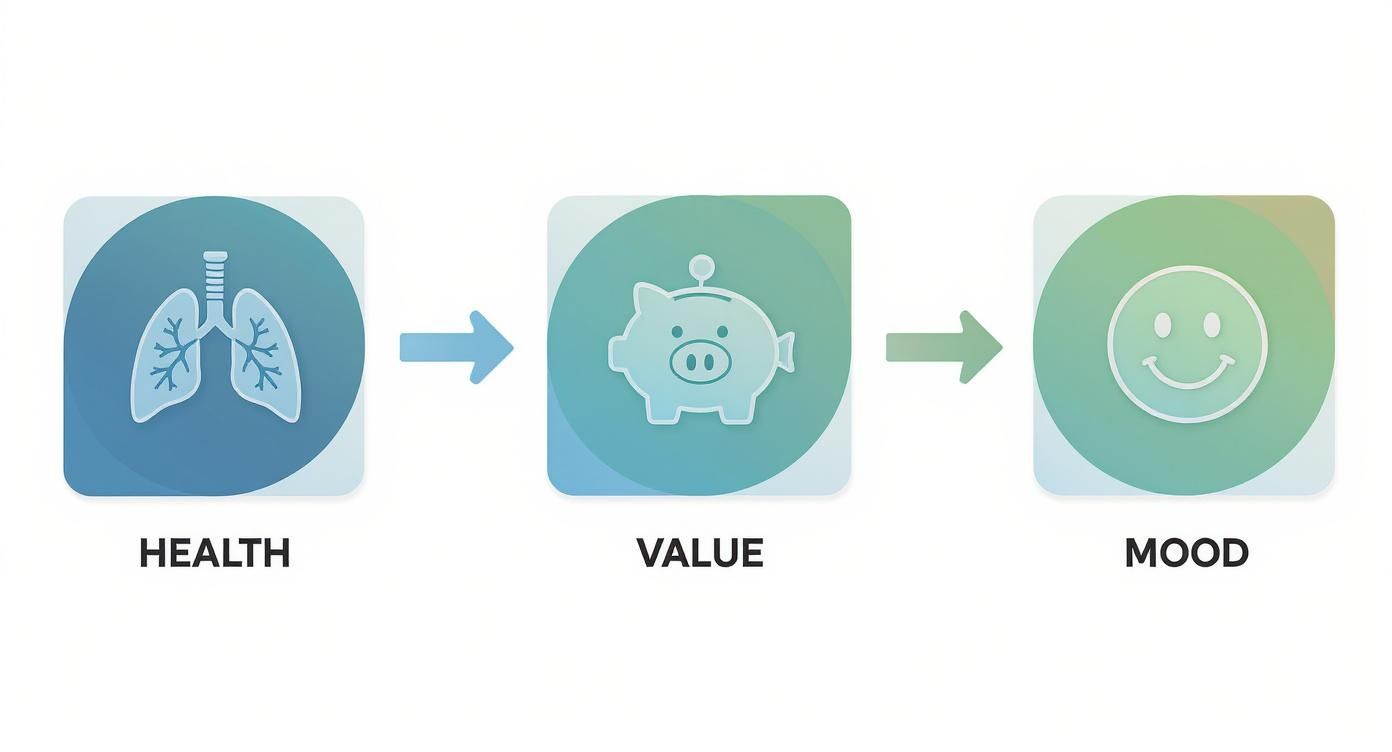 A diagram showing lungs for health, leading to a piggy bank for value, then to a happy face for mood.