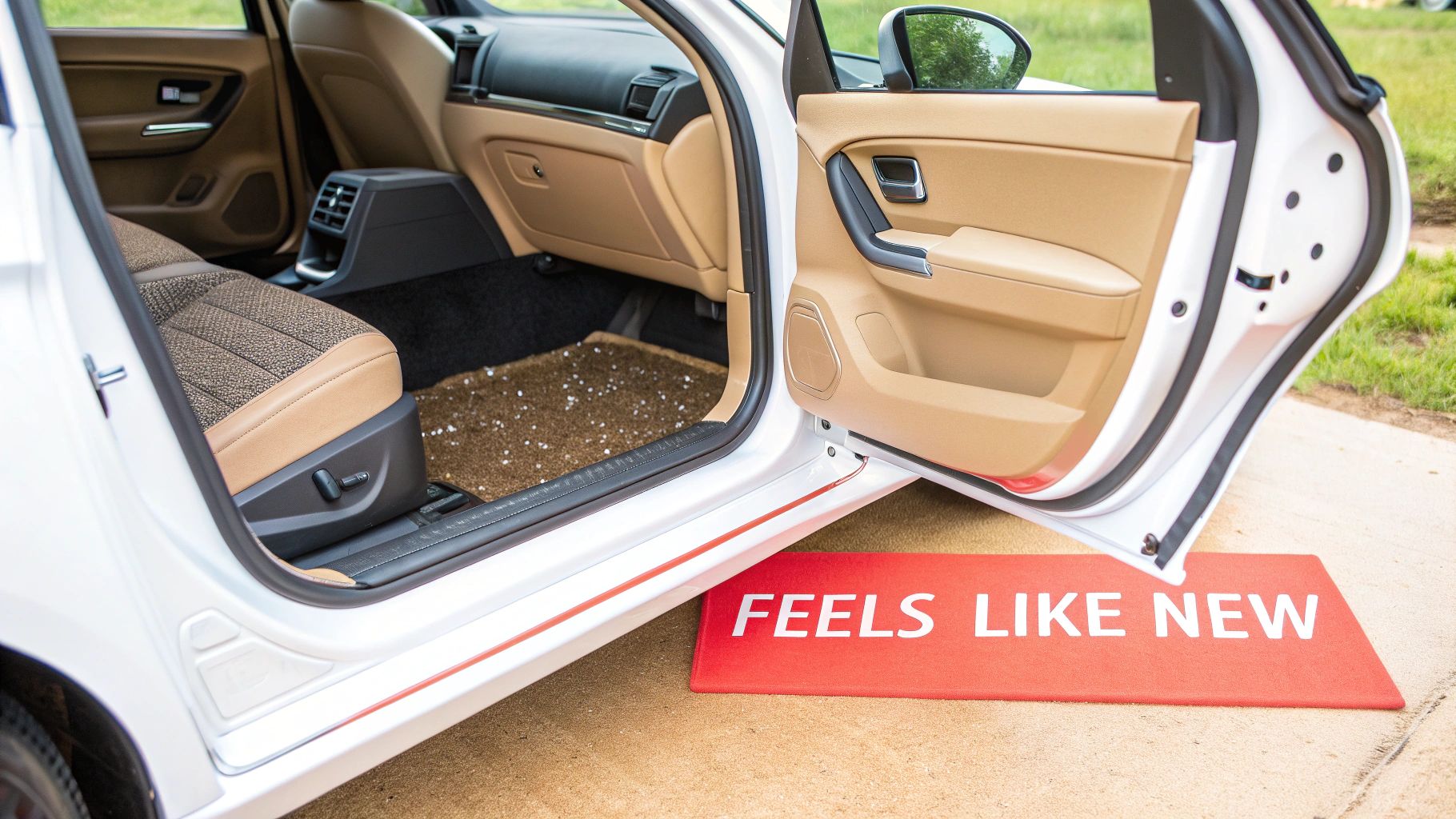 An open white car door reveals a tan interior with a dirty floor mat, next to a red 'FEELS LIKE NEW' mat.