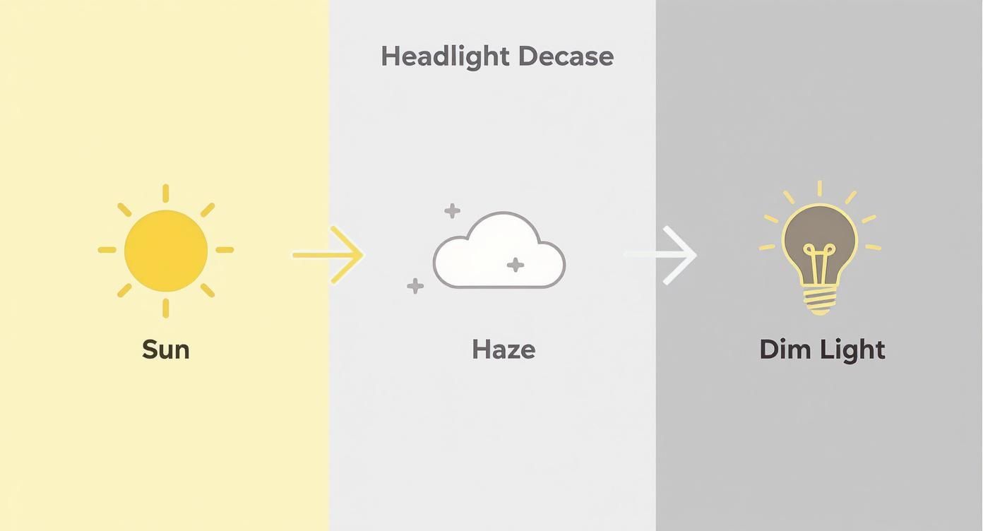 A diagram illustrating how headlight decasing causes sunlight to become dim light due to haze.