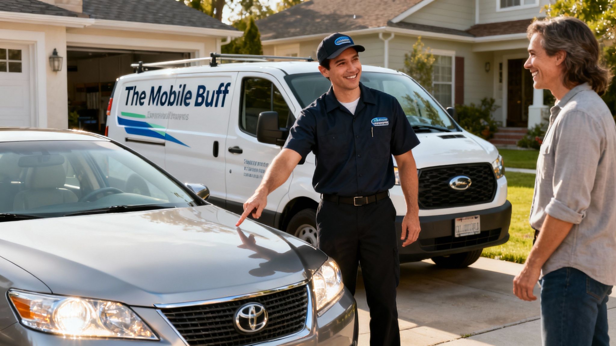 A smiling service technician in uniform points at a car's hood while speaking to a customer, with a service van behind.