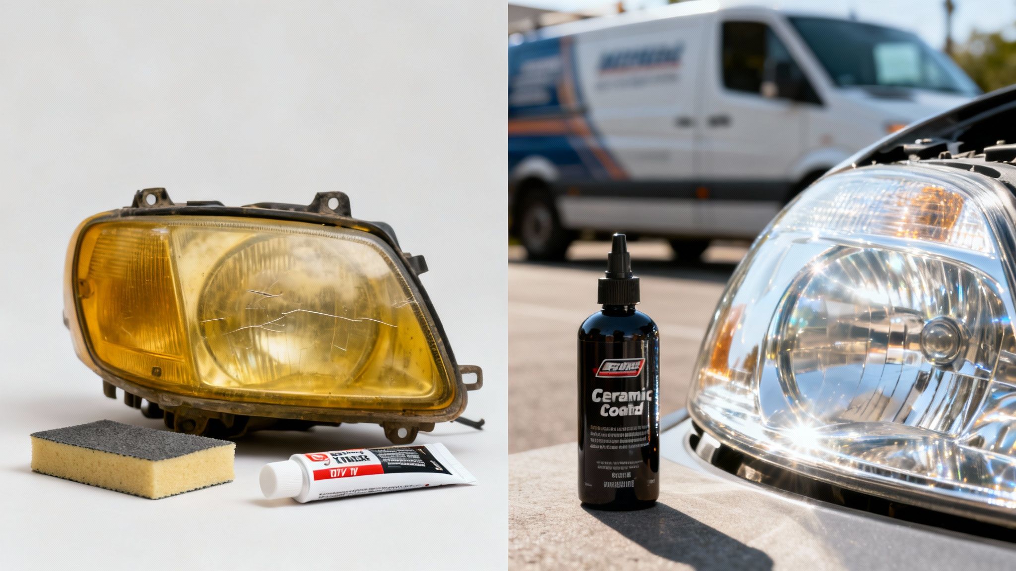 Before and after comparison of car headlight restoration, showing a yellowed, cracked light and a clear, shiny one.