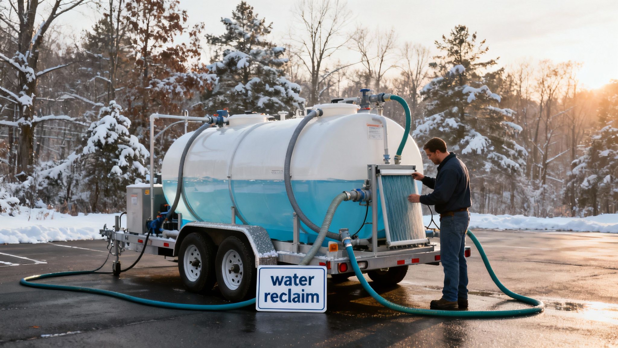 A man works on a mobile water reclamation system with blue water in a winter landscape.