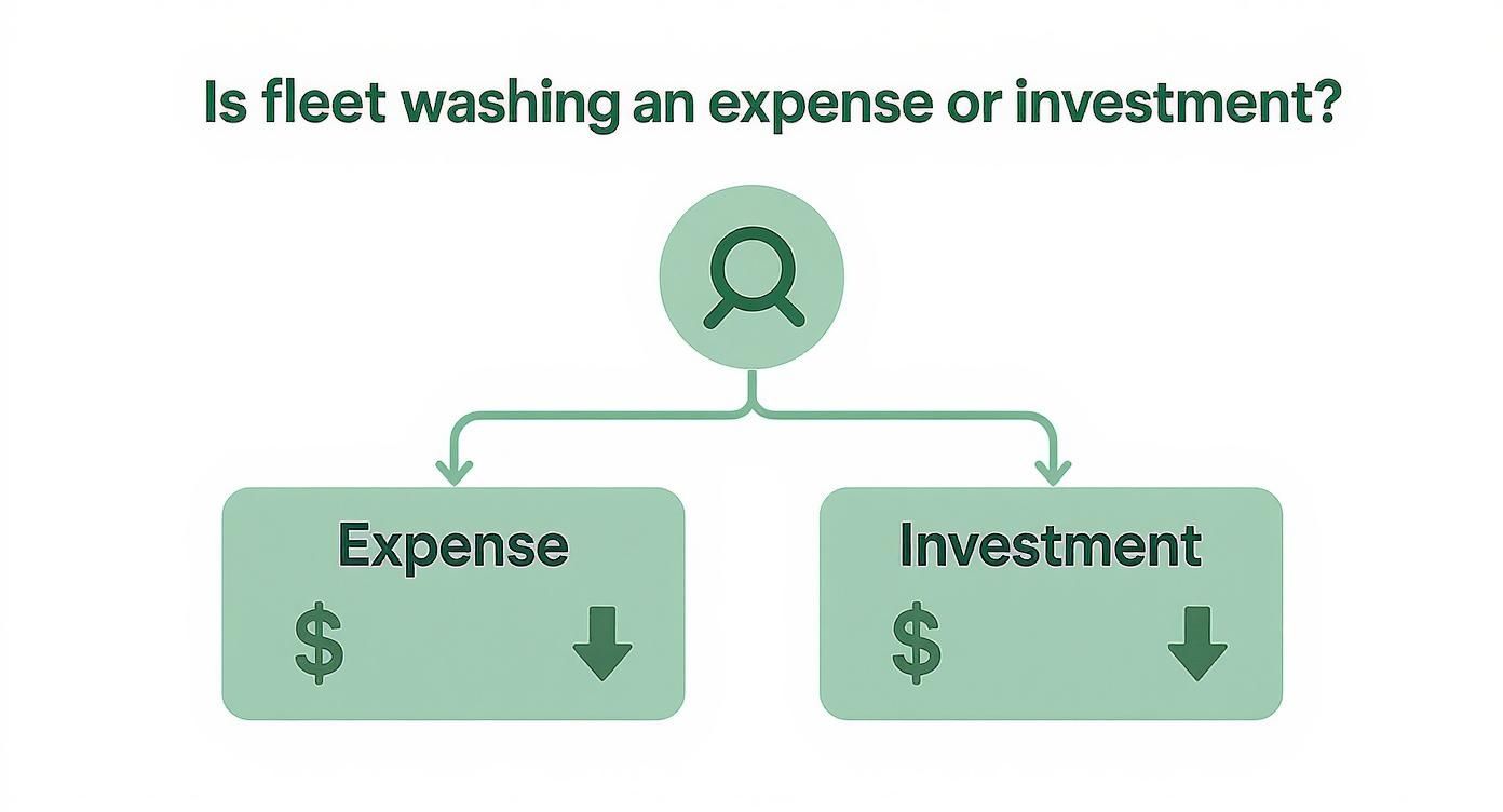 A flowchart diagram asking if fleet washing is an expense or an investment, showing both options.