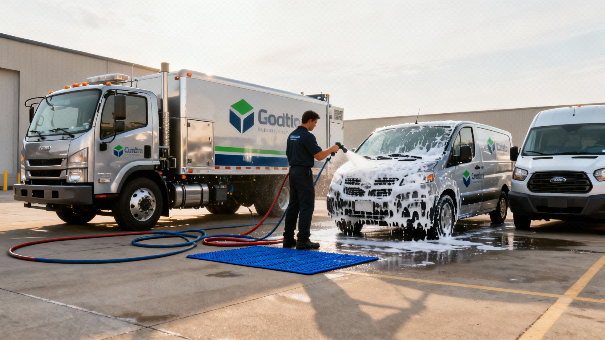 A service technician washes a soap-covered van next to a large fleet truck and another van outdoors.