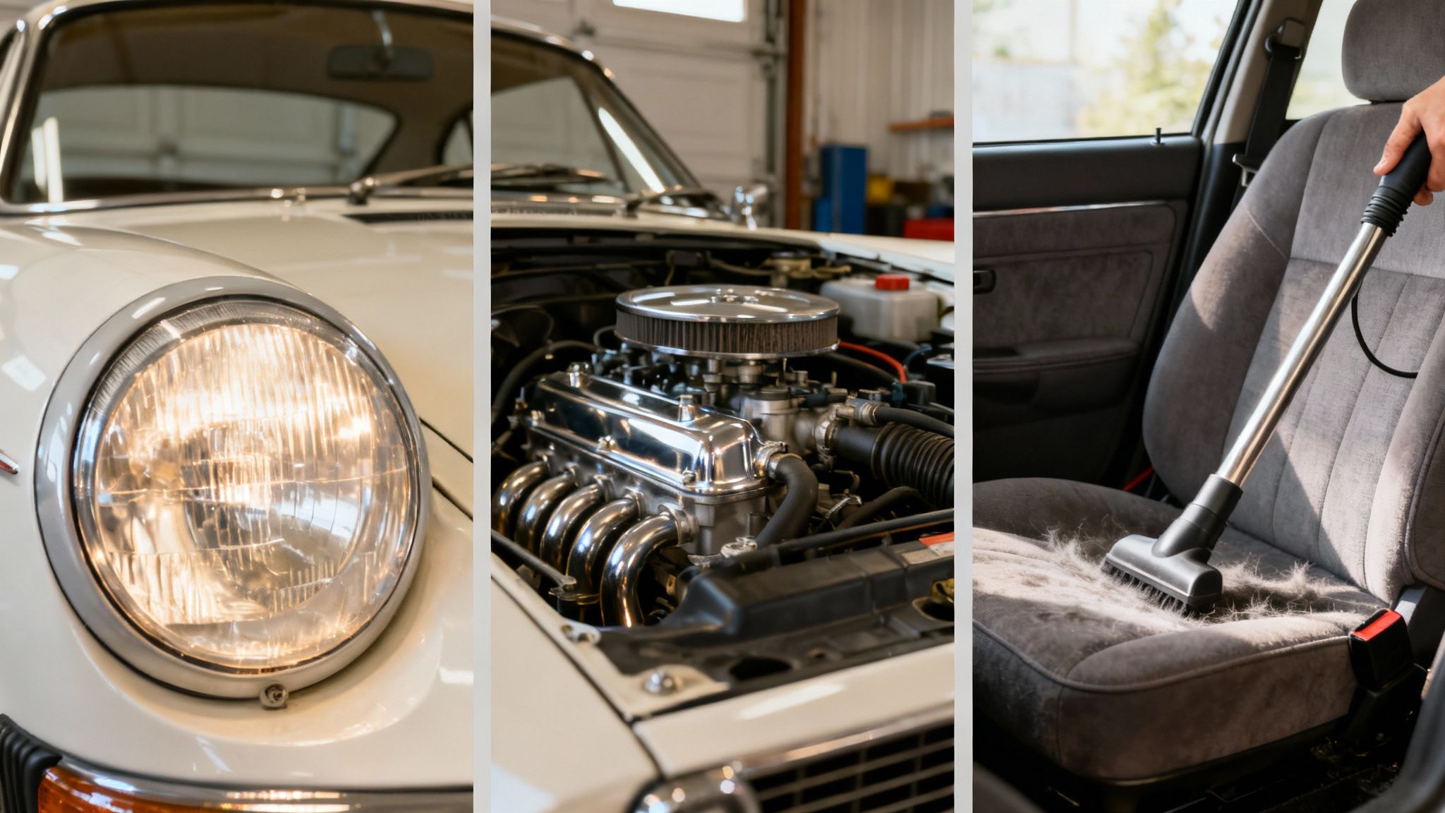 A triptych showing a vintage car's headlight, its clean engine, and a car seat being vacuumed of pet hair, representing auto detailing services.