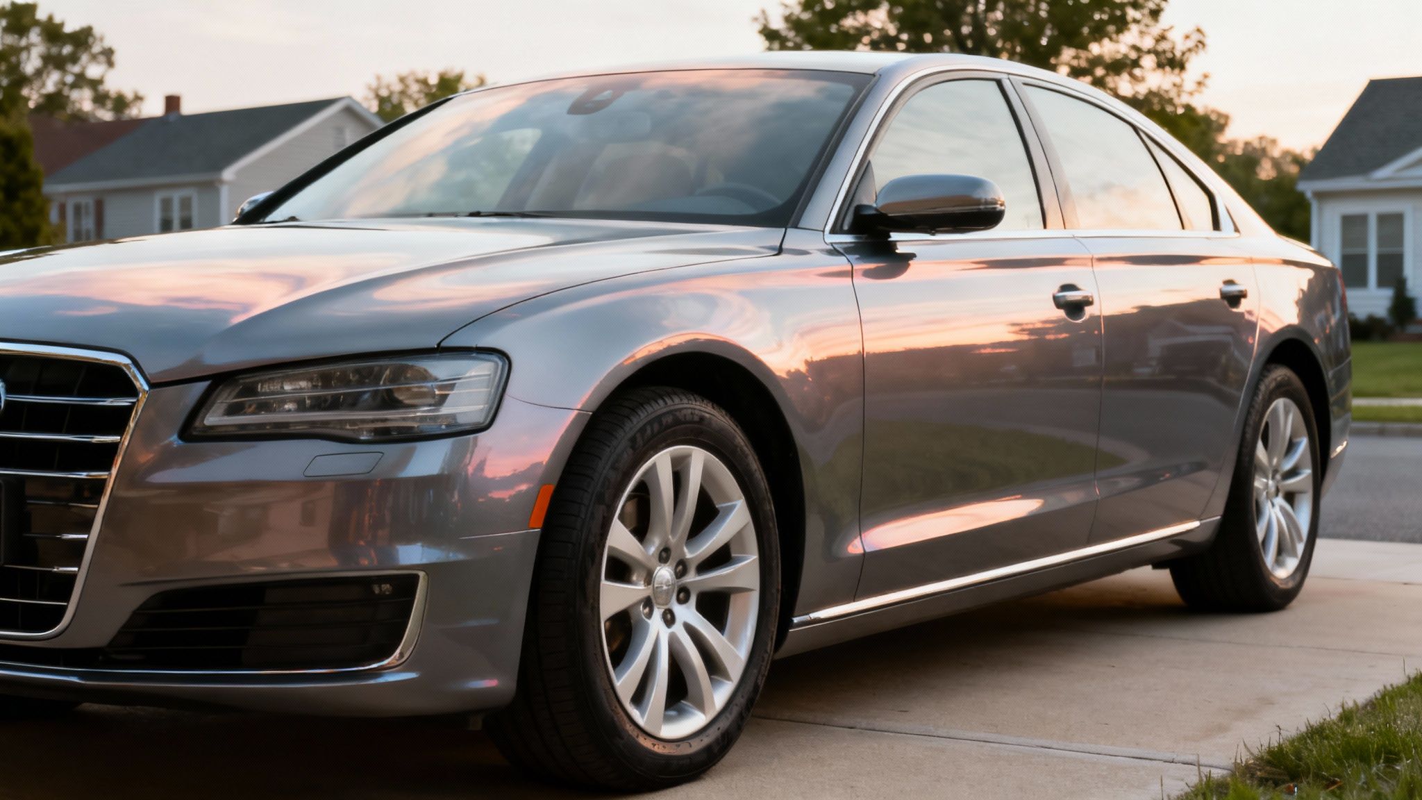 A sleek grey Audi luxury sedan parked on a driveway, reflecting a vibrant sunset sky.