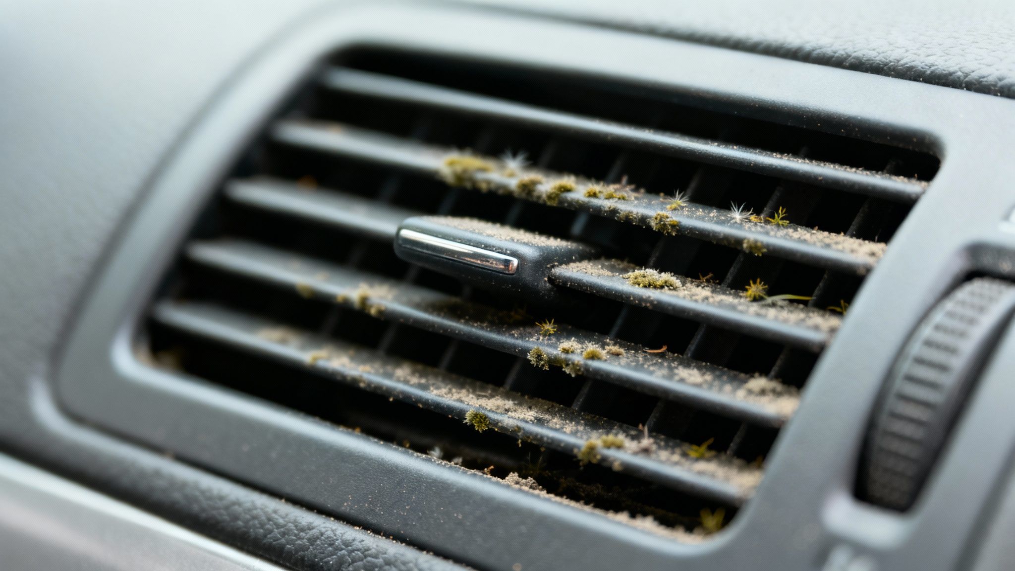 A car air vent is heavily covered in dust, dirt, and small patches of green mold or moss.