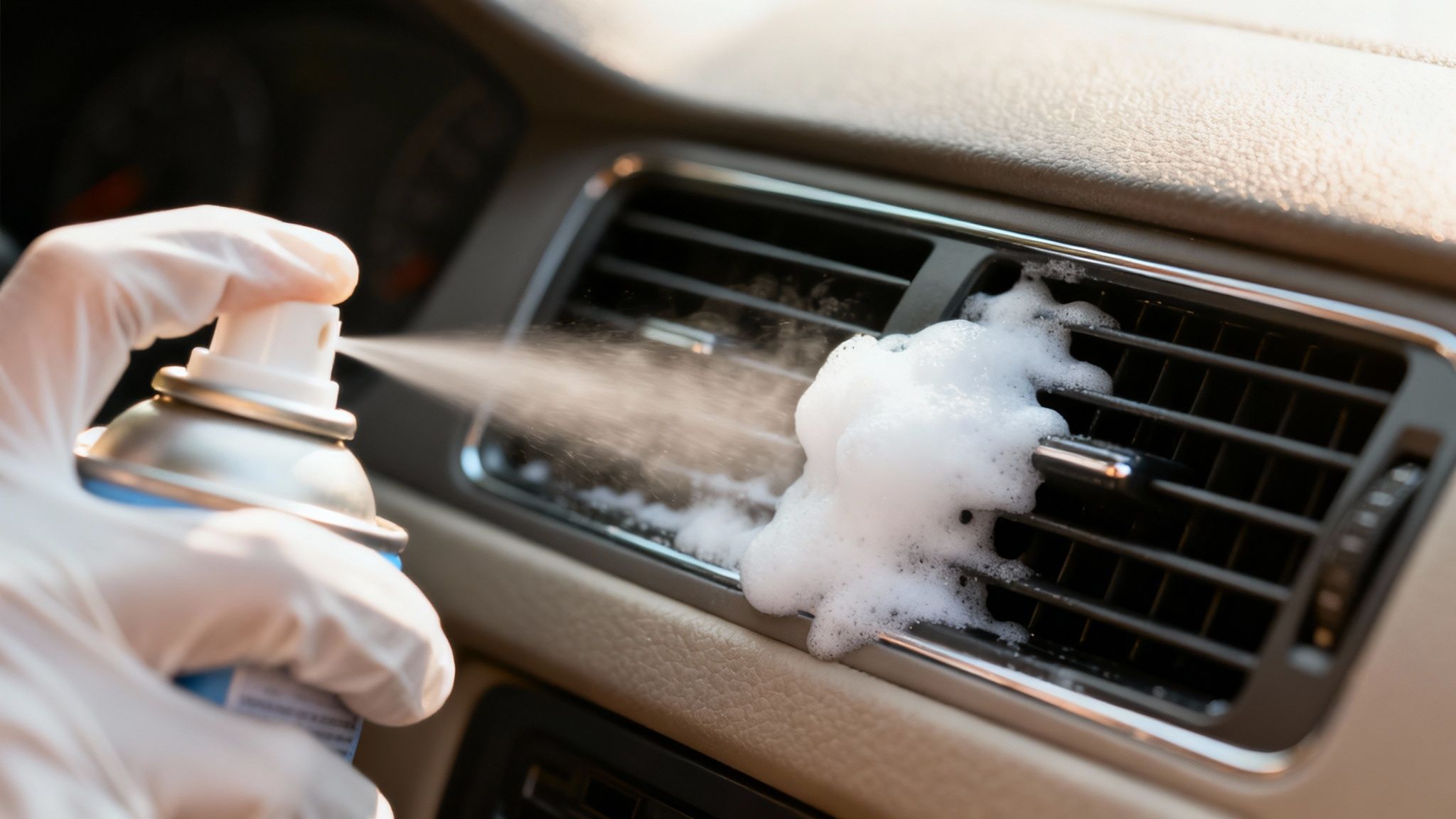 Close-up of a hand in a white glove spraying foam cleaner into a car air vent.