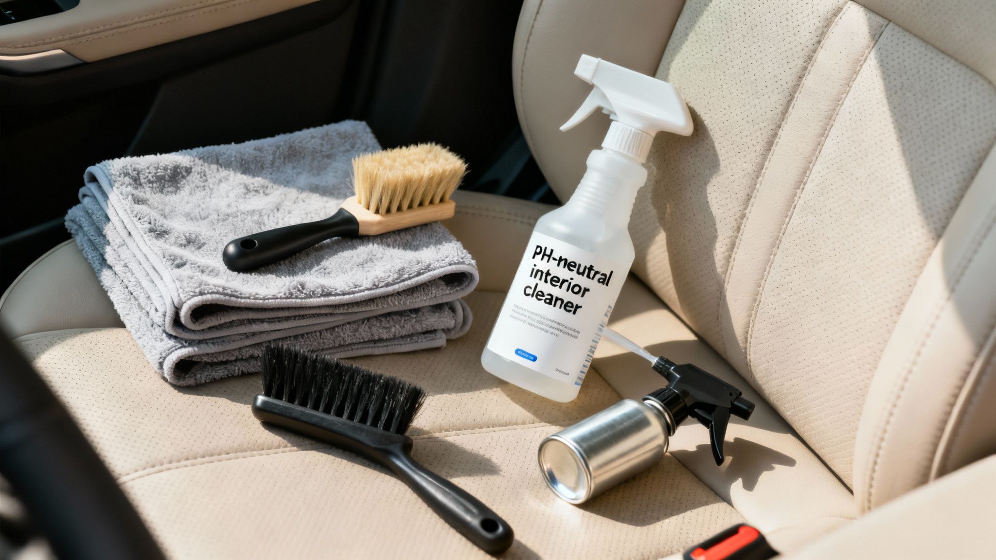 Car interior cleaning supplies including brushes, towels, and spray bottles on a leather car seat.
