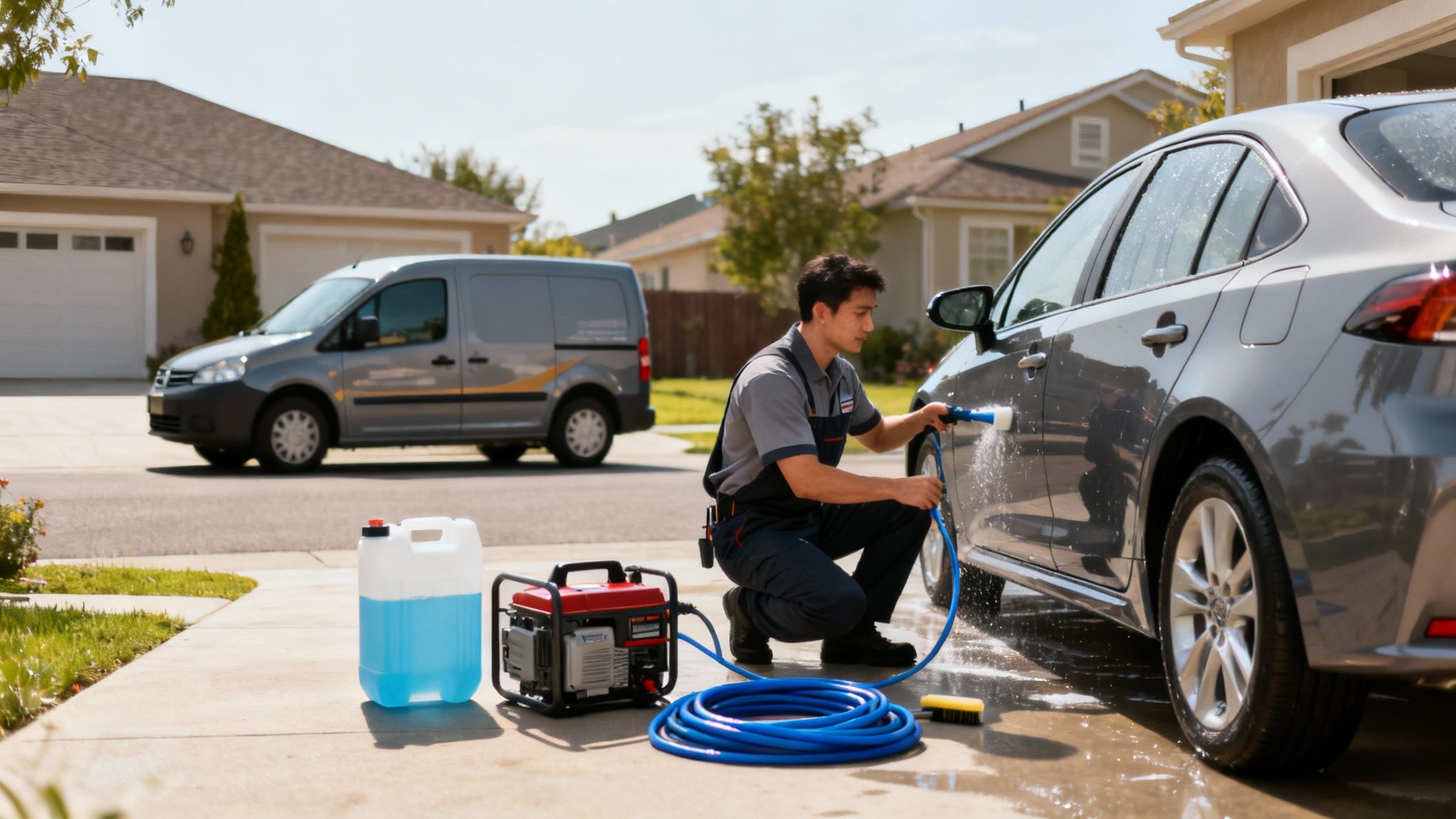 A technician in uniform pressure washing a grey car on a sunny driveway, with a service van and detailing equipment.