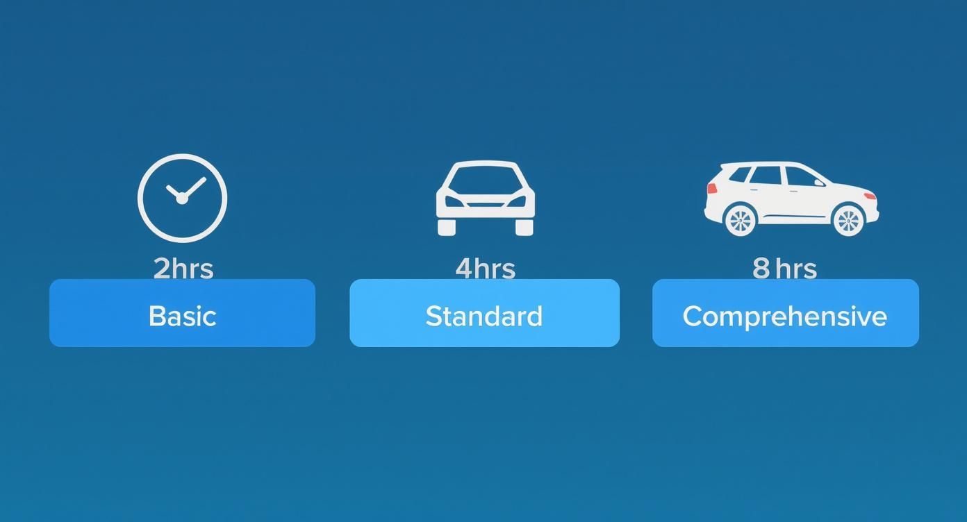 Visual guide showing three car detailing options: Basic (2hrs), Standard (4hrs), and Comprehensive (8hrs).