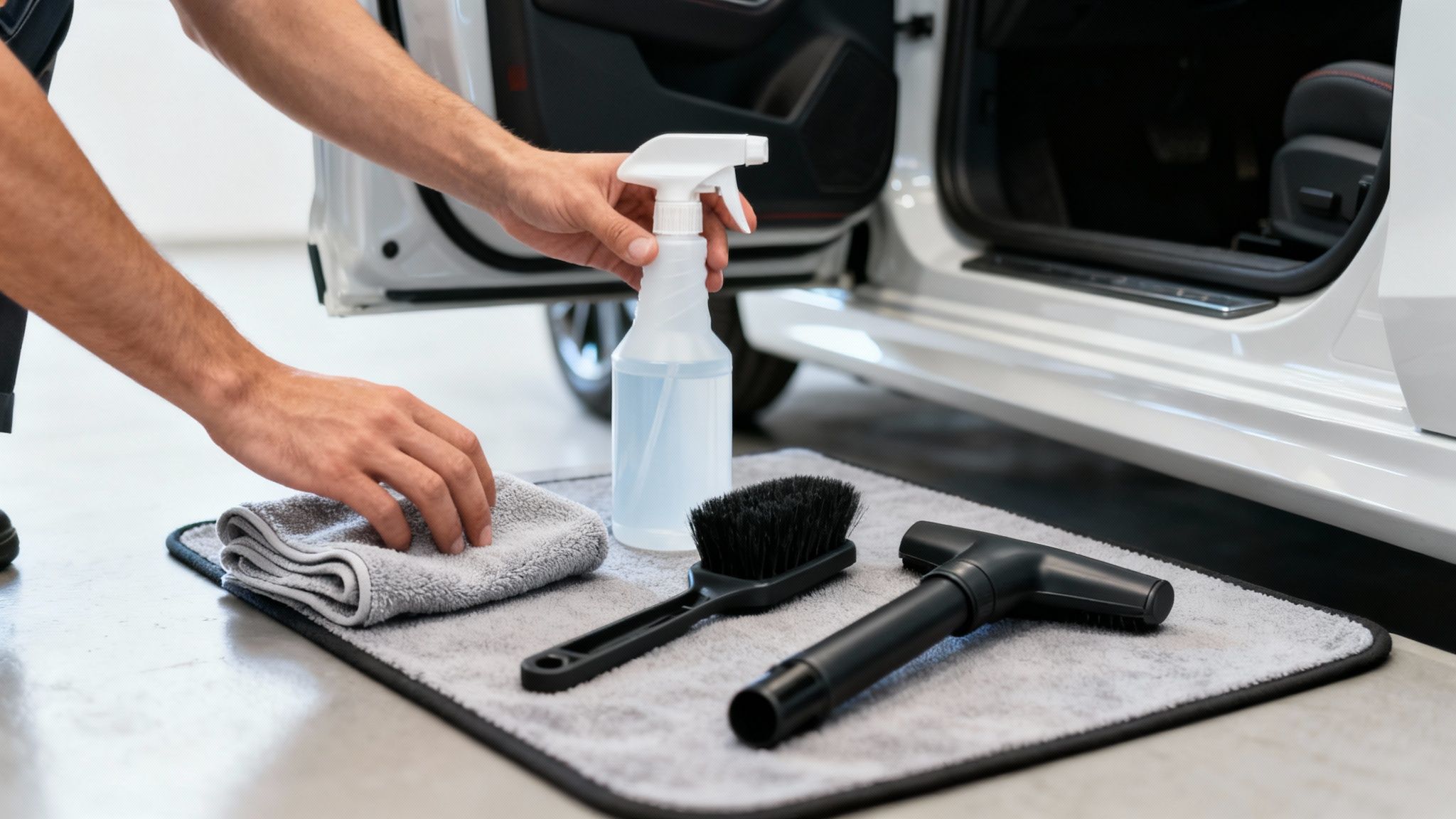 A person is preparing car detailing tools like a spray bottle, cloth, brush, and vacuum attachment.