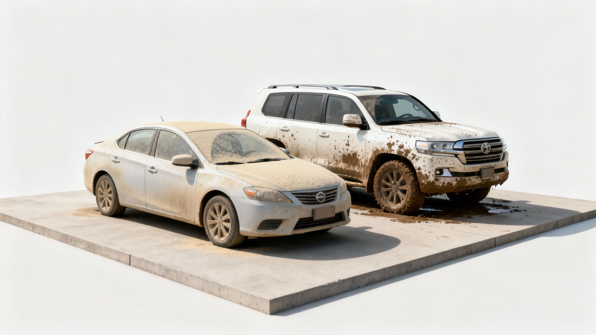 Two dirty white cars, a sedan covered in dust and an SUV covered in mud, on a concrete slab.
