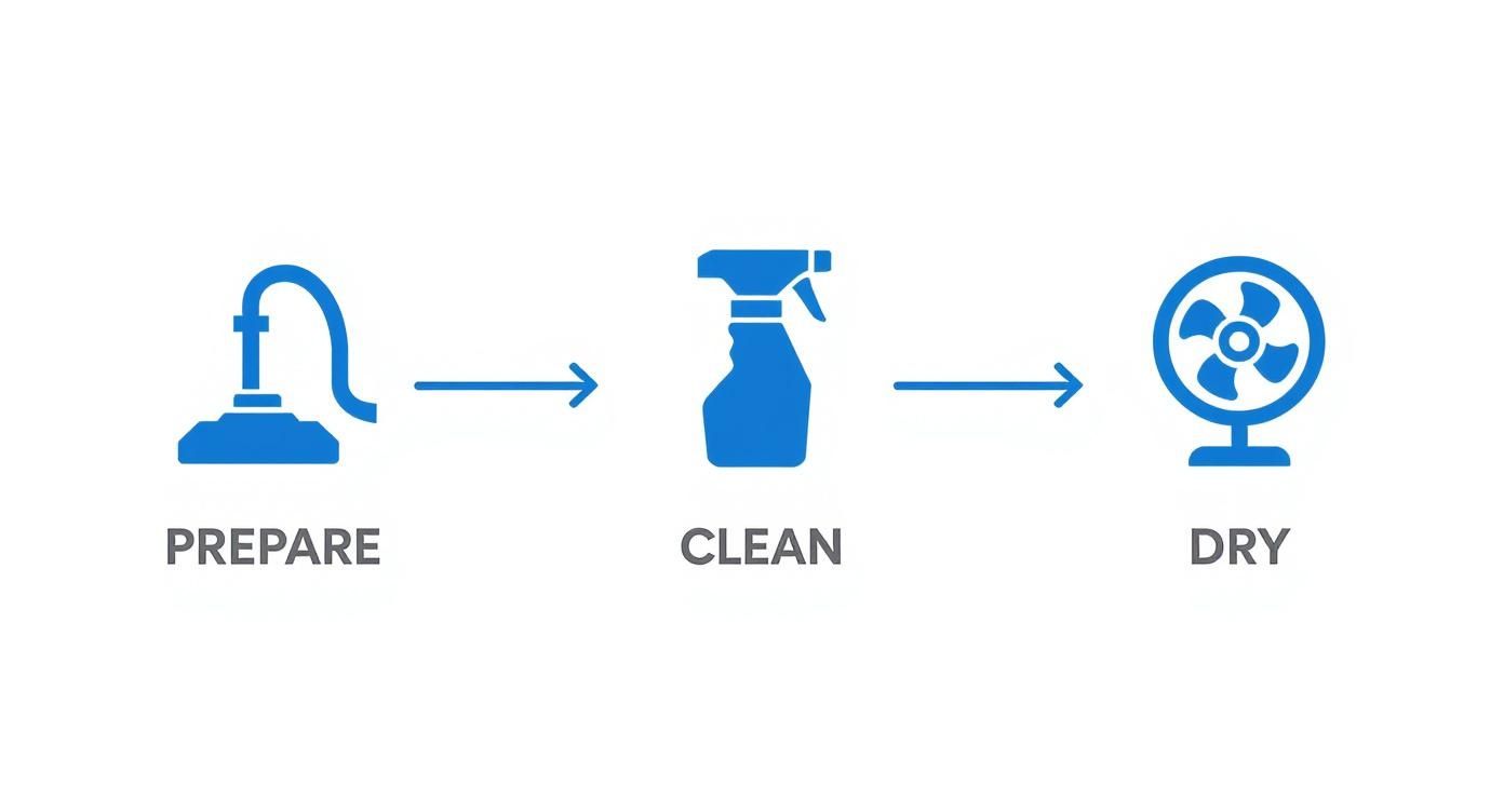 A three-step process diagram showing icons for prepare (vacuum), clean (spray bottle), and dry (fan).