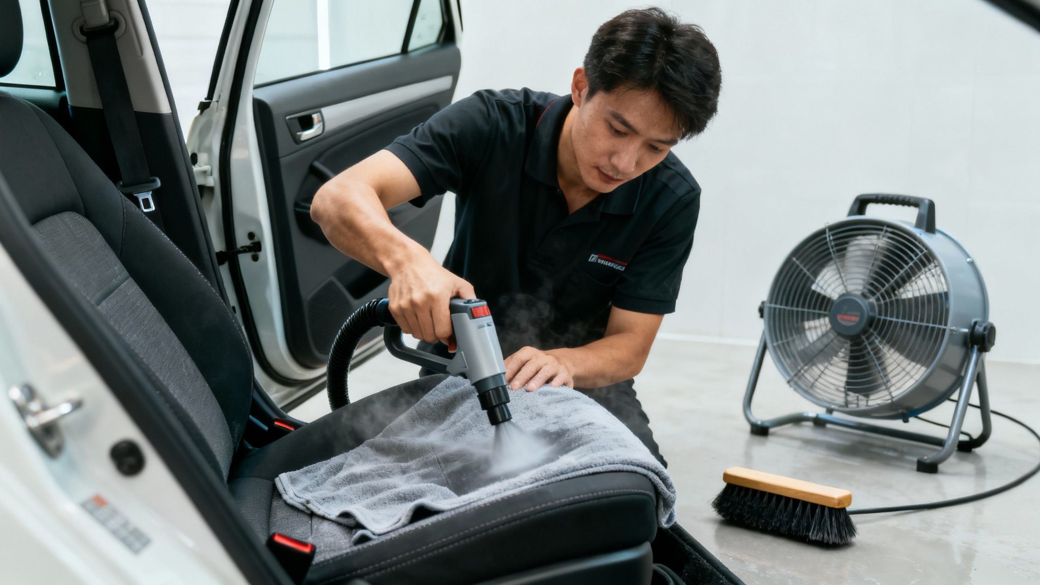 A man in a black polo shirt diligently steam cleans a car's cloth seat with a gray towel.