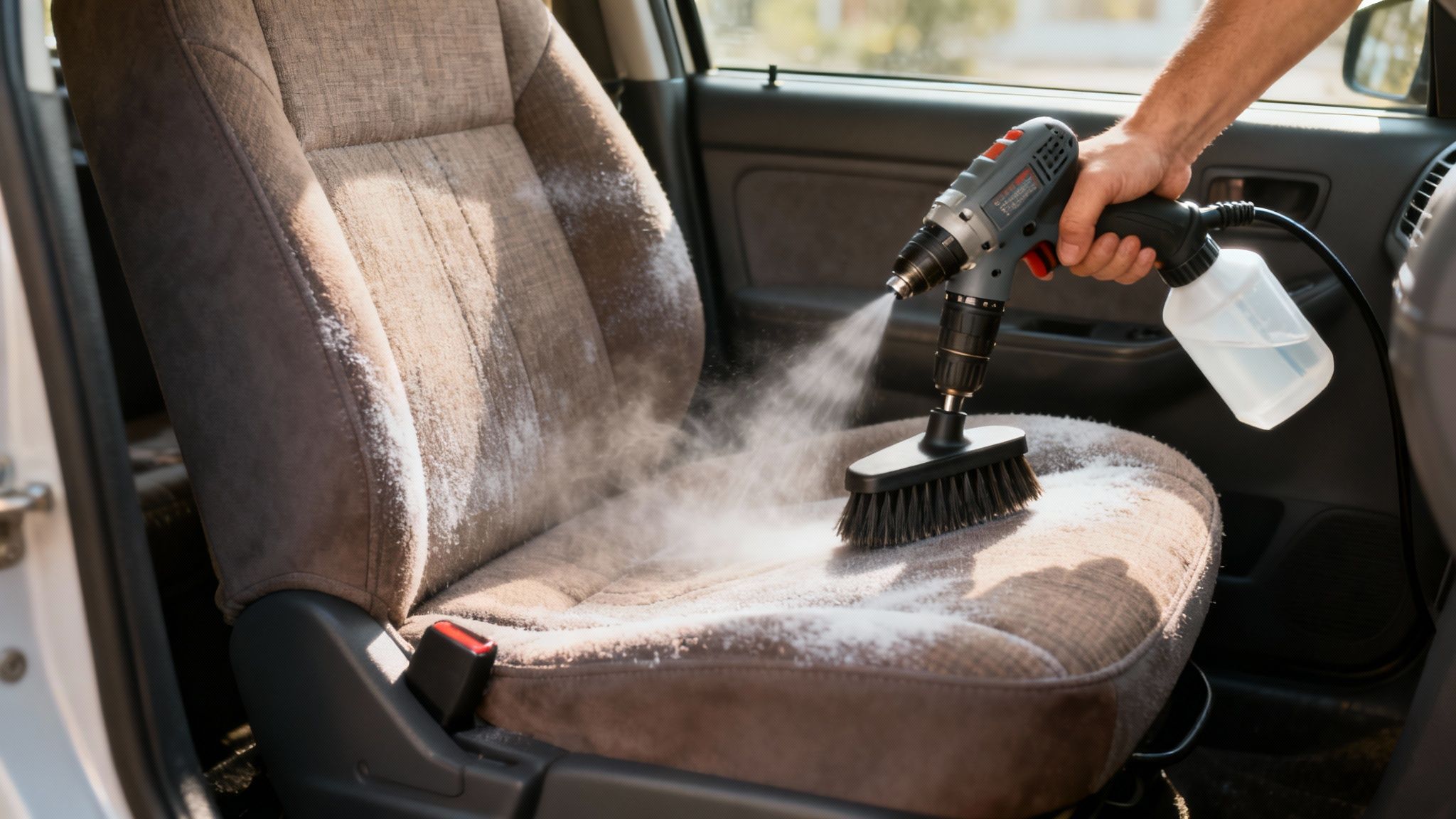 A person uses a powered brush and cleaning solution to deep clean a car's brown fabric seat.