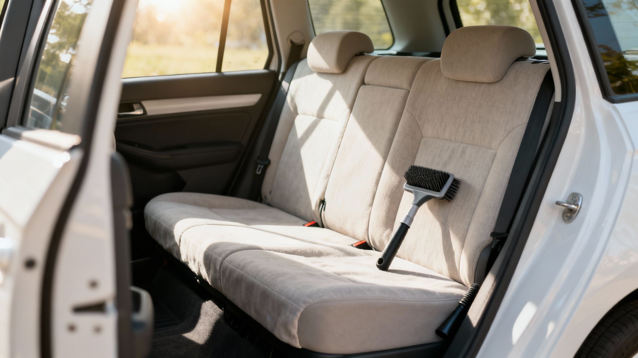 A cleaning brush rests on the clean, light-colored fabric back seats of a car, ready for interior detailing.