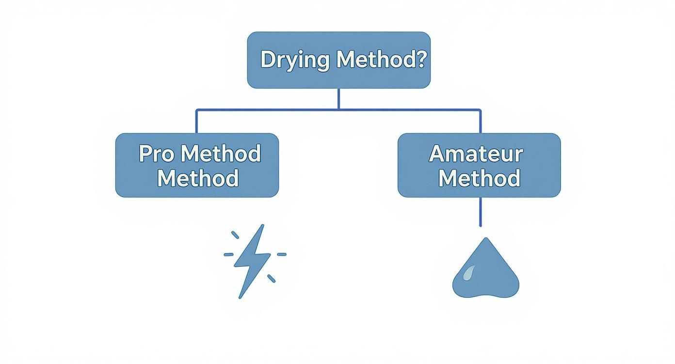 A diagram comparing pro and amateur drying methods, illustrated with lightning and water drop icons.