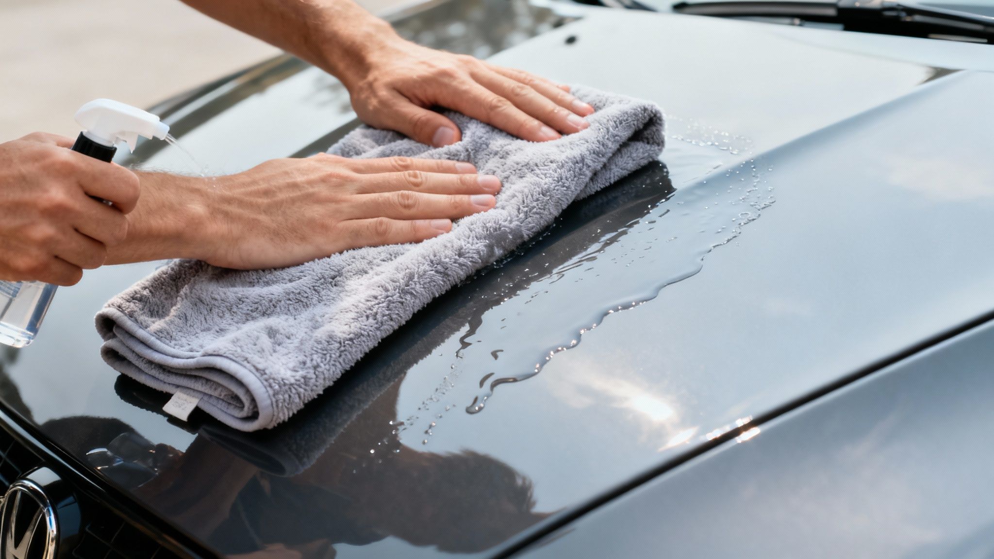Close-up of hands spraying liquid and wiping a car hood with a microfiber towel.