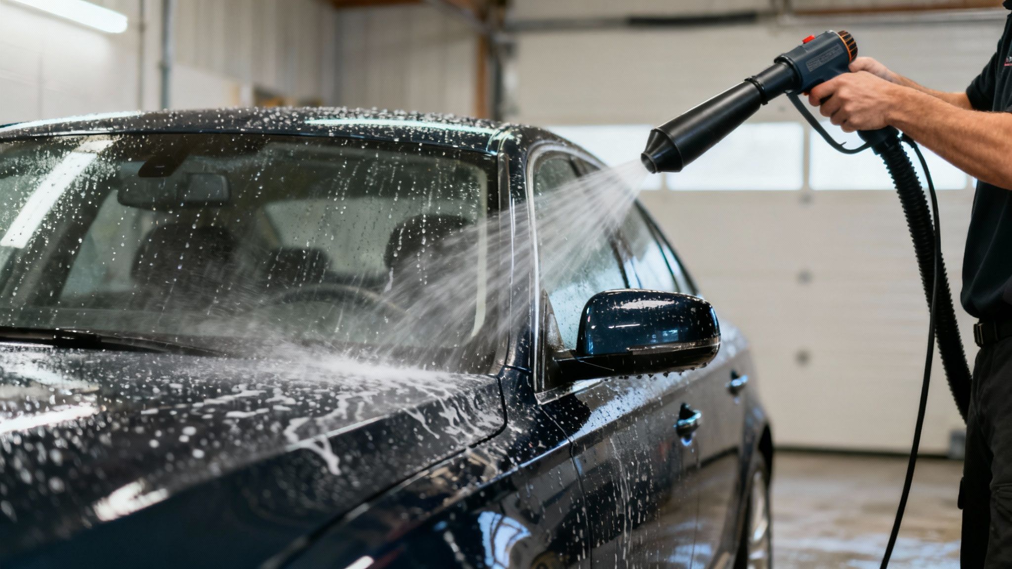 A person uses a high-pressure air blower to dry a dark, wet car after washing.