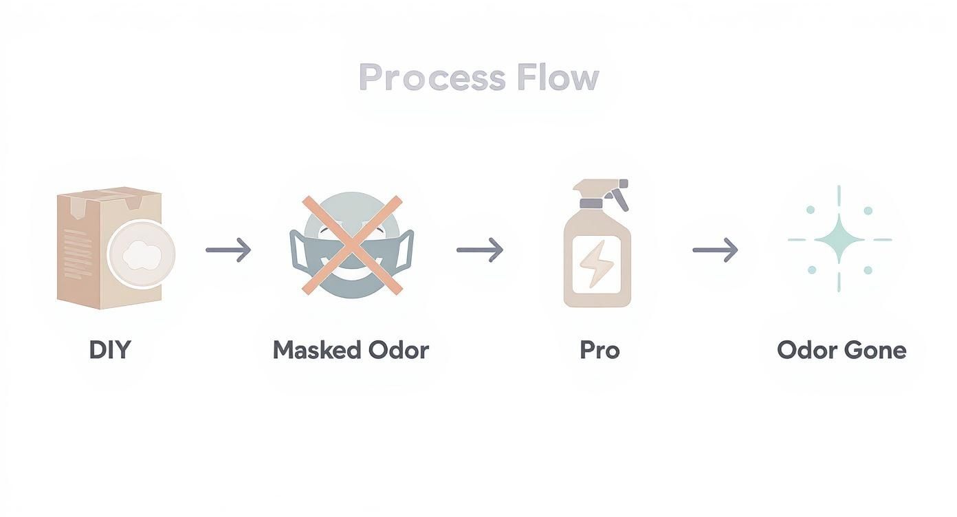 Process flow diagram showing DIY odor masking, professional treatment, and complete odor removal.