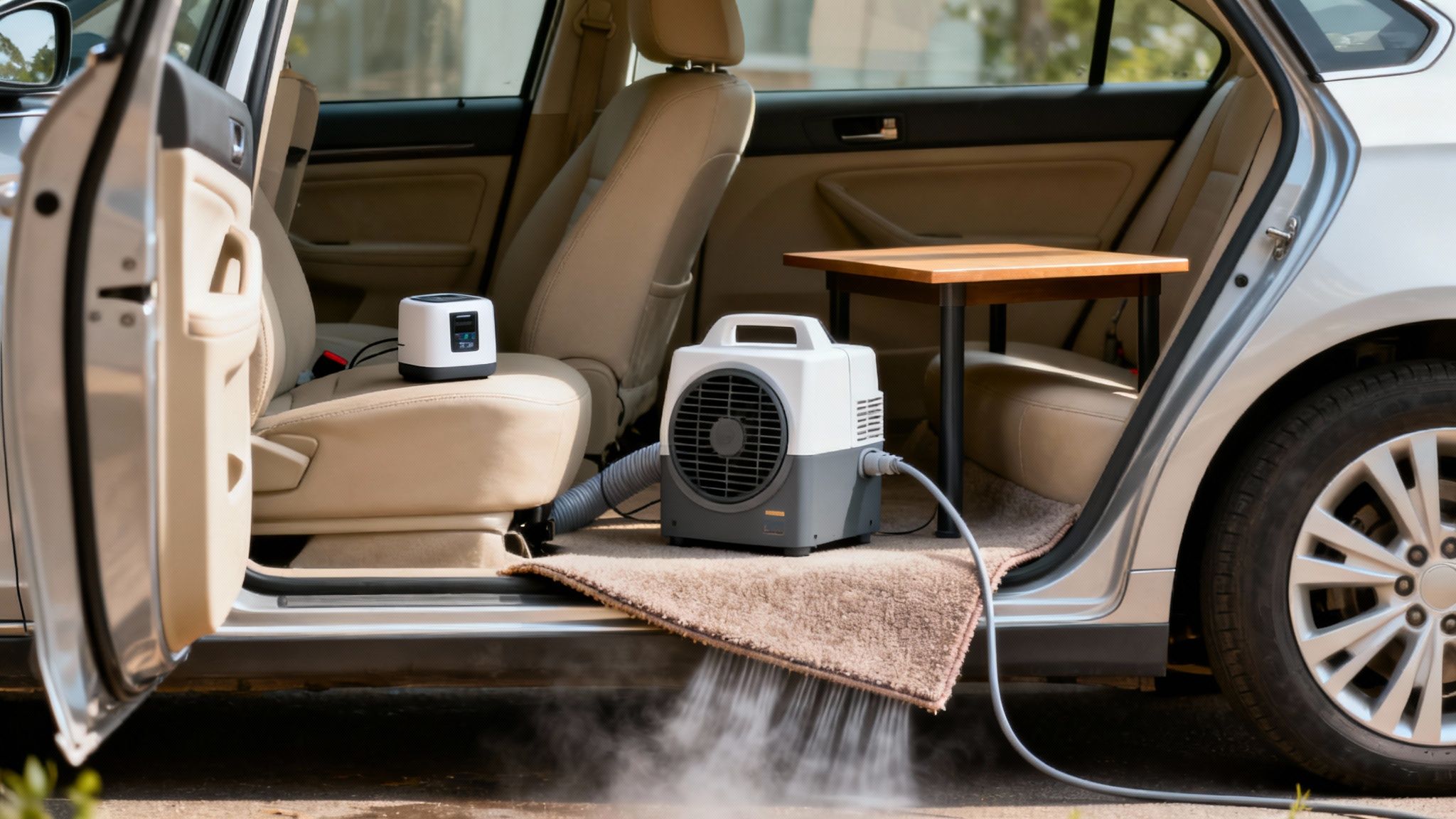 Car interior with devices on seats and floor, steam escaping from under a rug during cleaning.