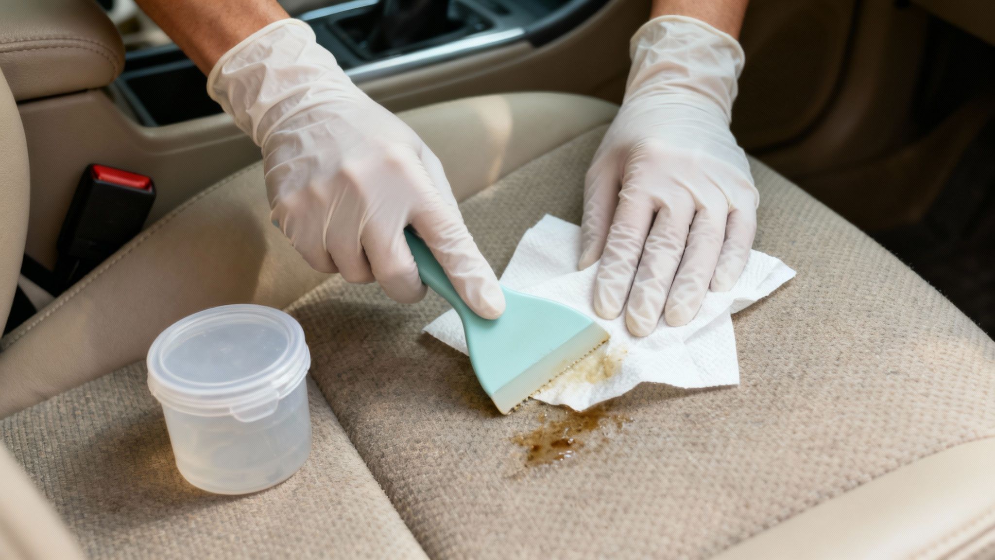 Gloved hands clean a brown liquid spill from a beige car seat using a scraper and paper towel.