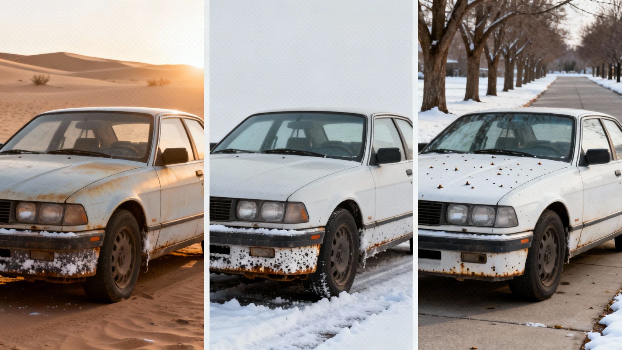 An old, rusty white car is shown in three panels across a desert, snowy field, and street.