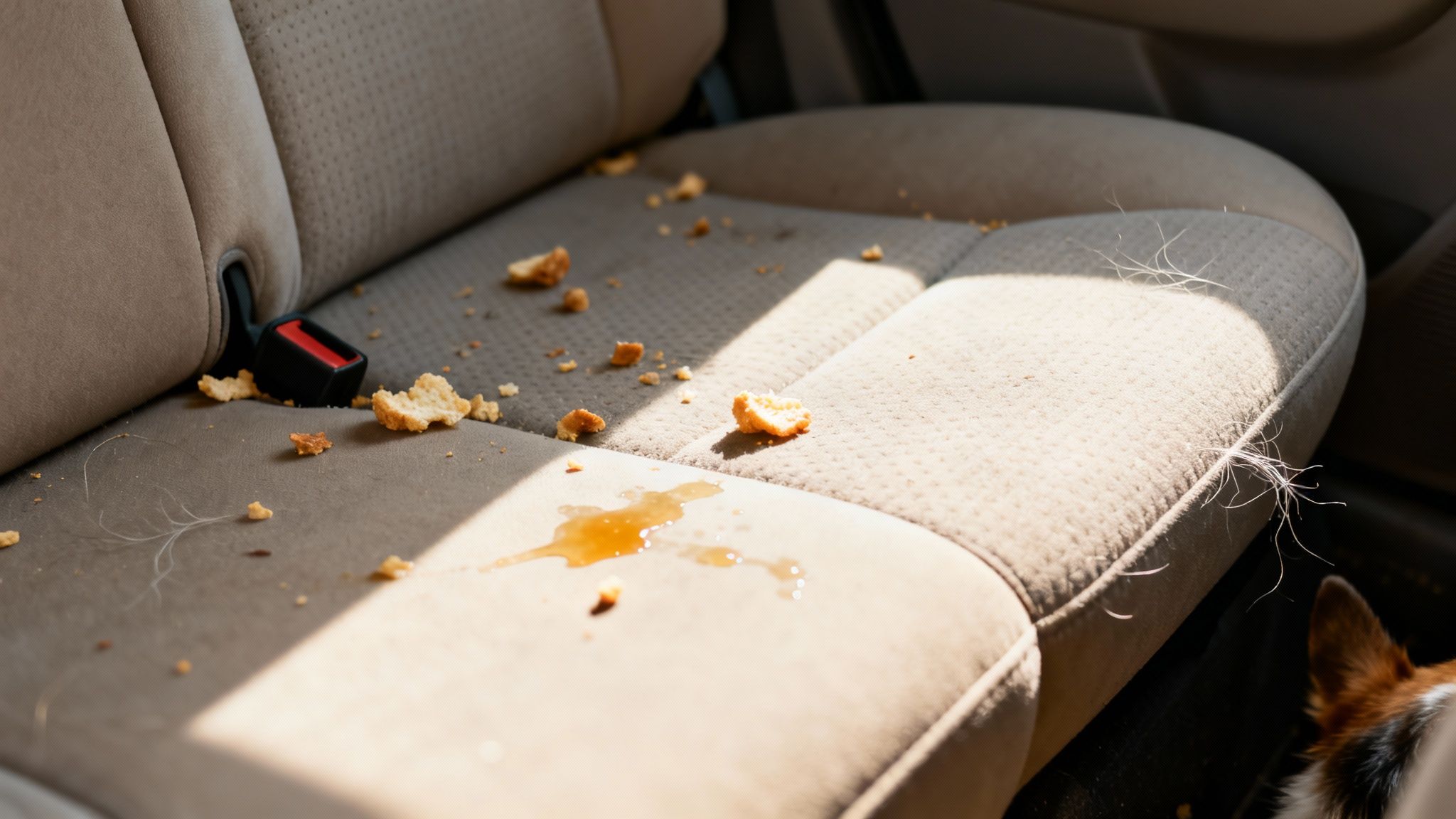 A beige car seat covered in food crumbs, a sticky liquid spill, and pet hair, showing a messy interior.