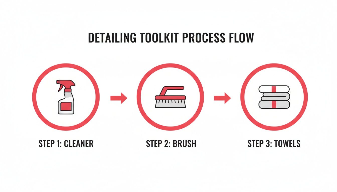 A visual process flow for a detailing toolkit showing three steps: cleaner, brush, and towels.