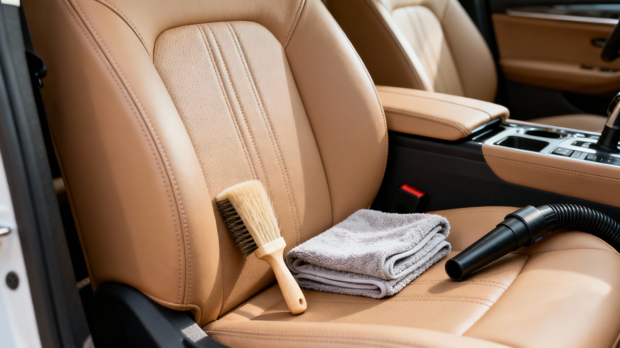 Car detailing tools, including a brush, folded towel, and vacuum hose, laid on a tan leather car seat.