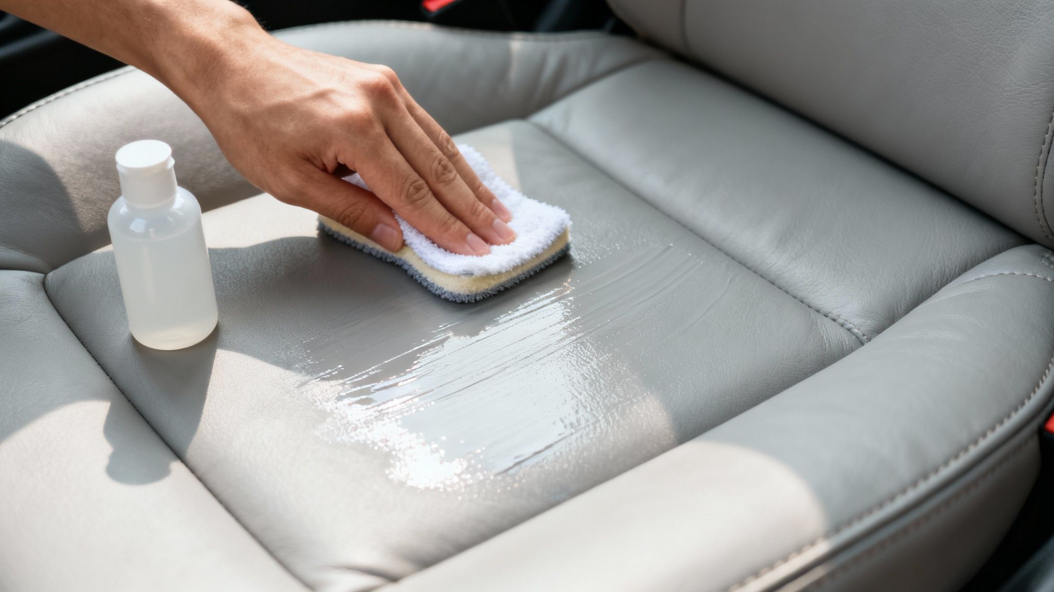 A hand cleaning a grey leather car seat with a sponge and cleaning solution from a bottle.