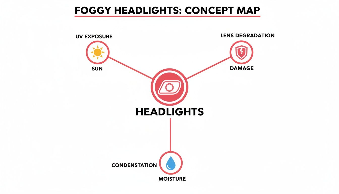 Concept map illustrating causes of foggy headlights: UV exposure from sun, lens degradation from damage, and condensation from moisture.