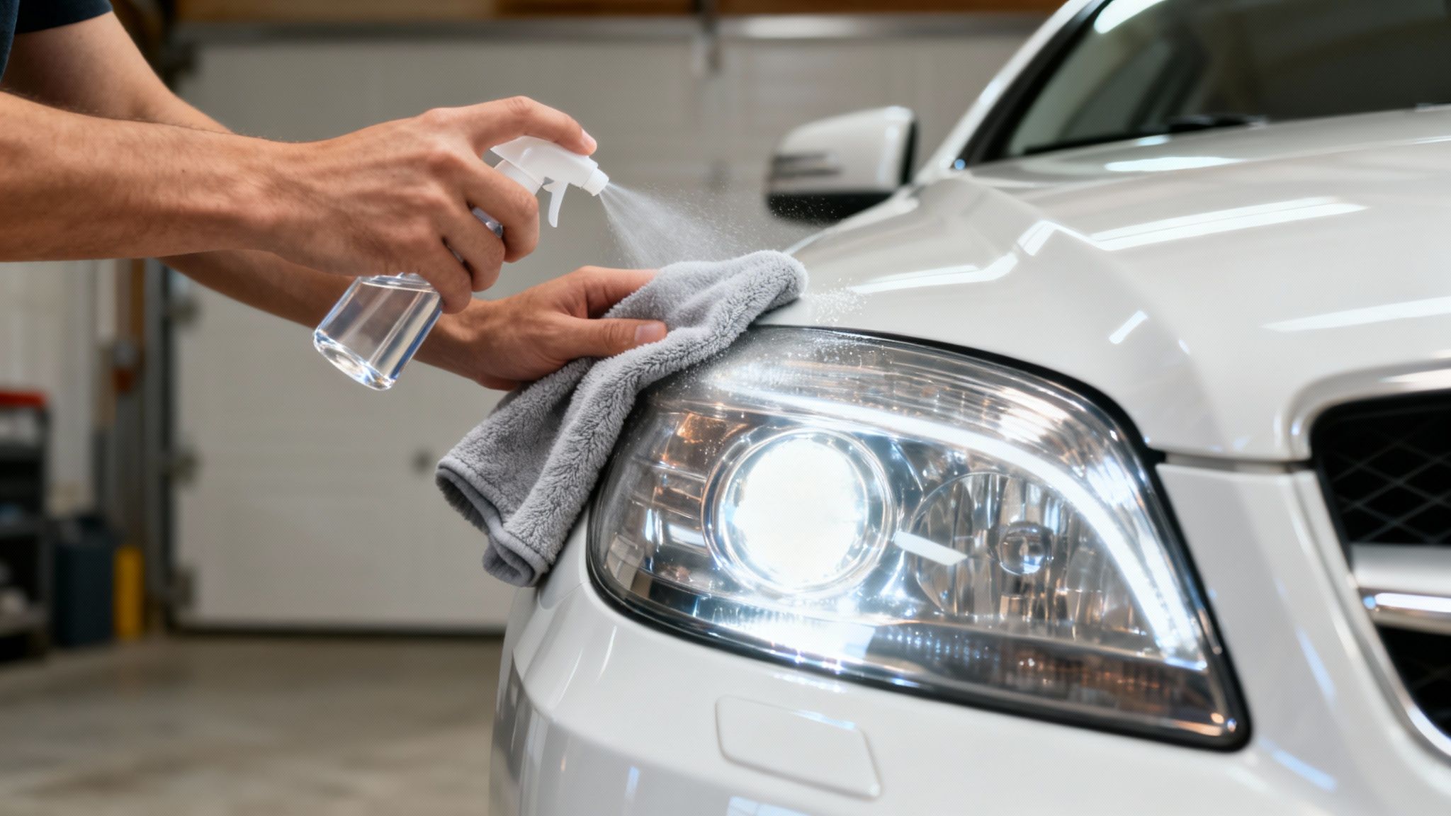 A person cleans a bright white car headlight with a spray bottle and microfiber towel.