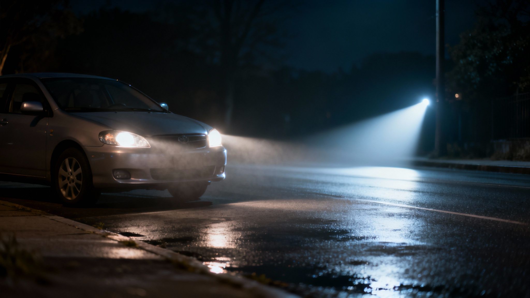 A silver car with bright headlights illuminates a misty, wet street at night.