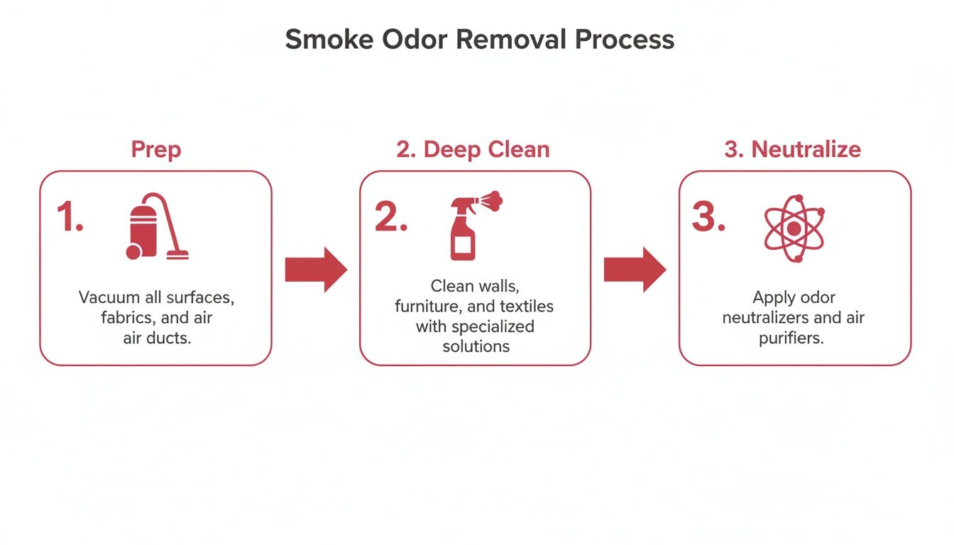 A visual guide illustrating a three-step smoke odor removal process: prep, deep clean, and neutralize.