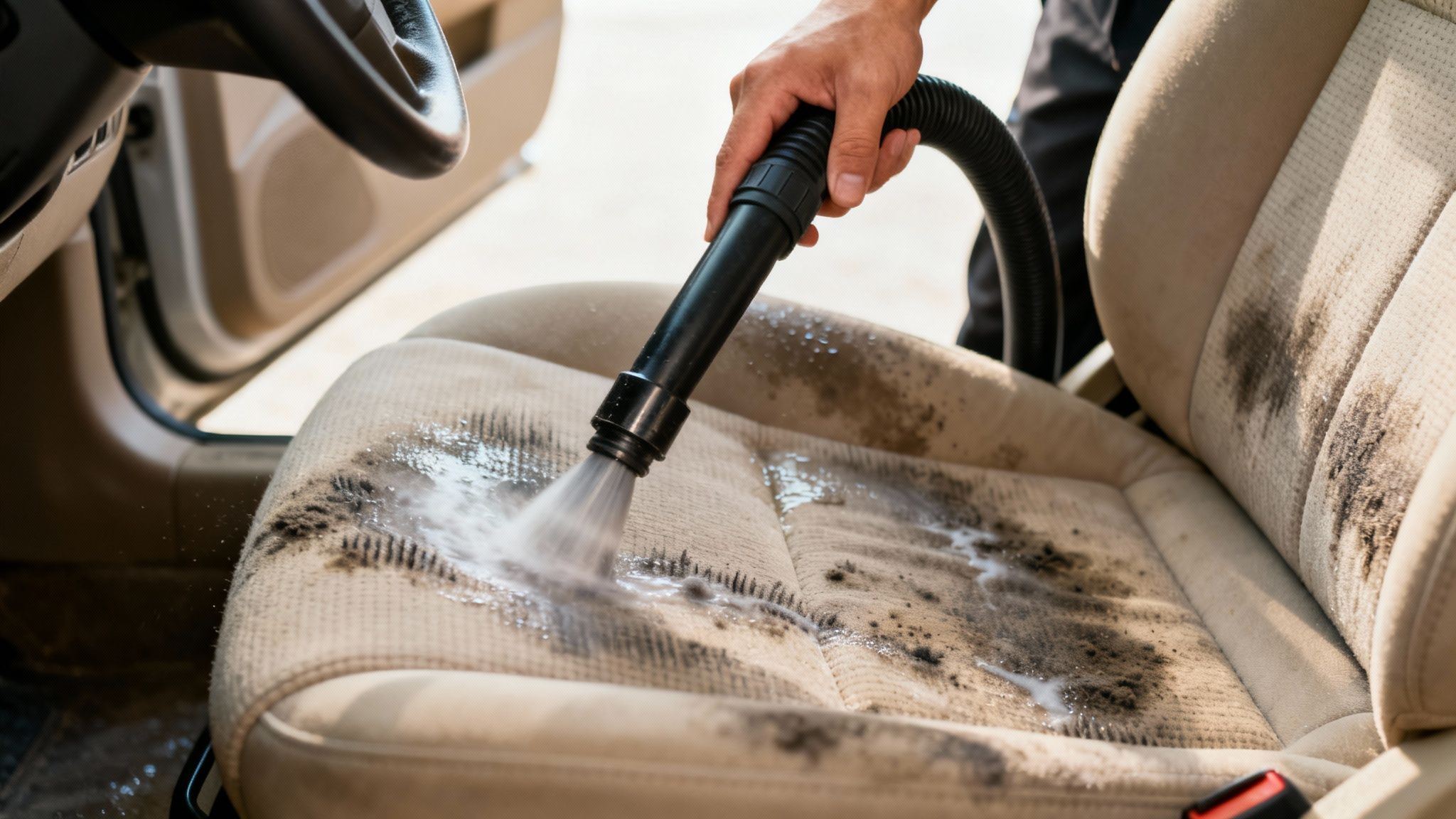 Close-up of a person cleaning a dirty, beige fabric car seat with a wet vacuum.