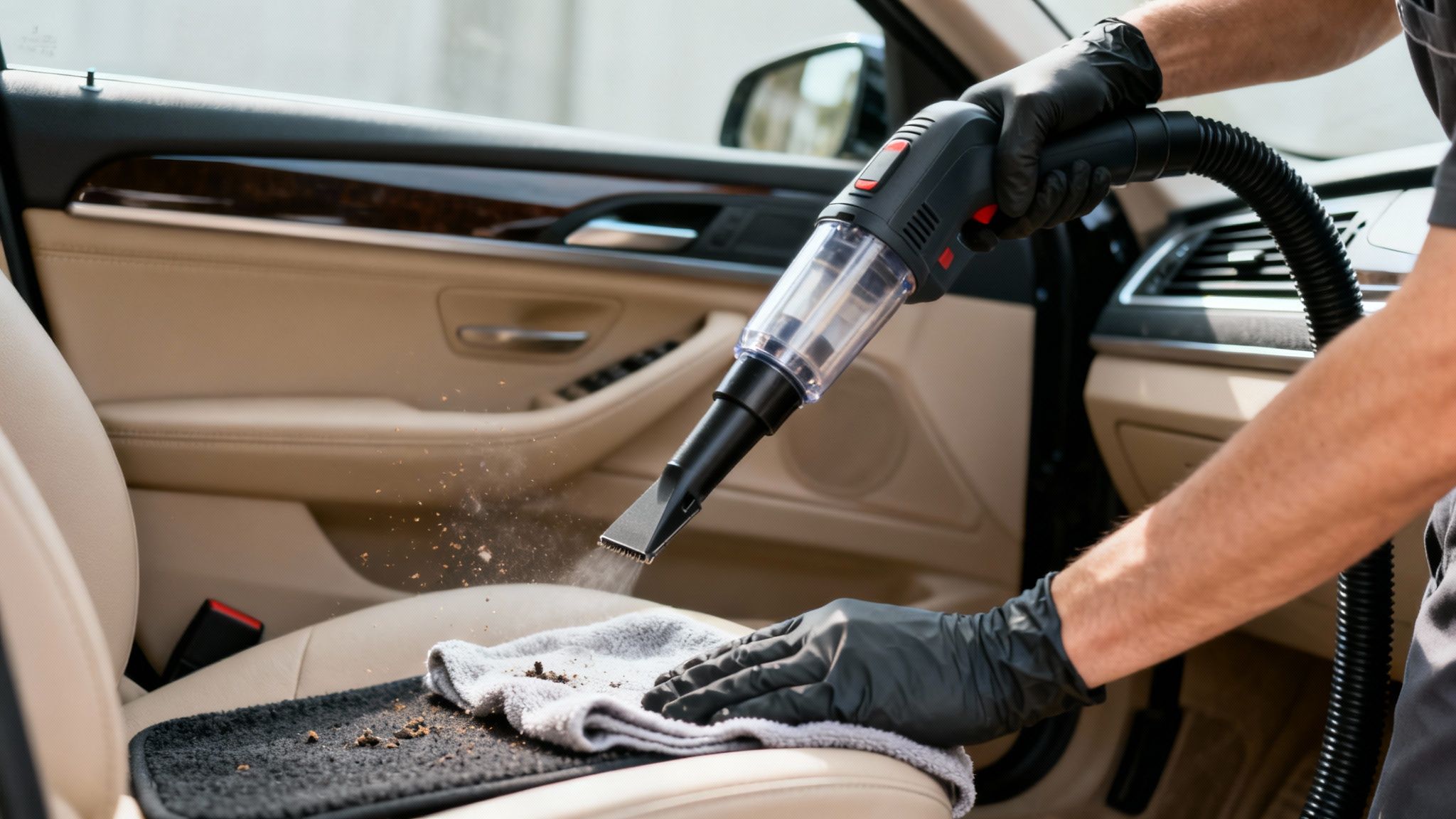 Hands in black gloves vacuuming a dirty car mat with a handheld vacuum cleaner inside a car.