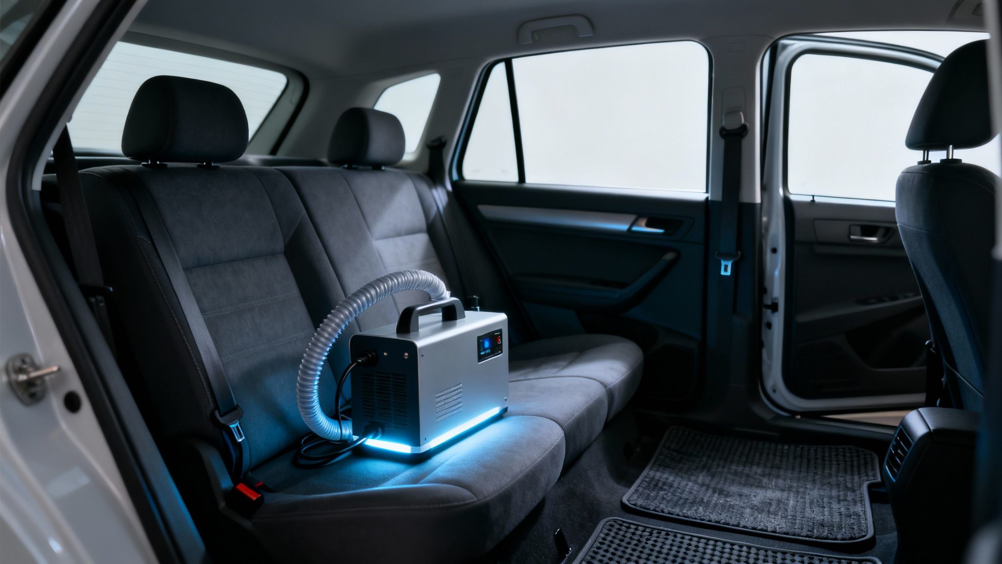 An ozone generator or air purifier with a glowing blue light operating on the dark gray back seat of a car.