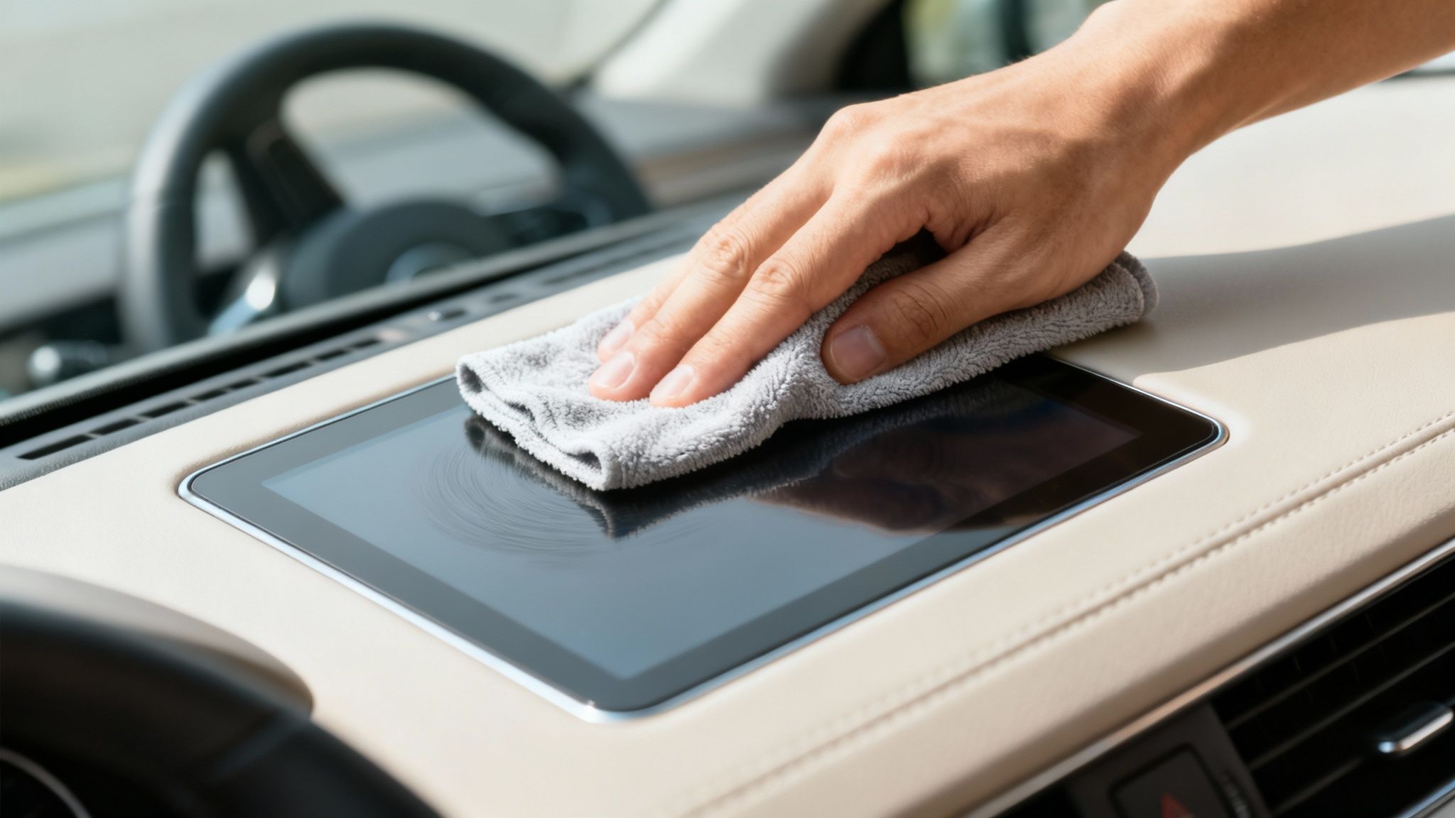 Close-up of a hand cleaning a car's beige dashboard infotainment screen with a gray microfiber cloth.