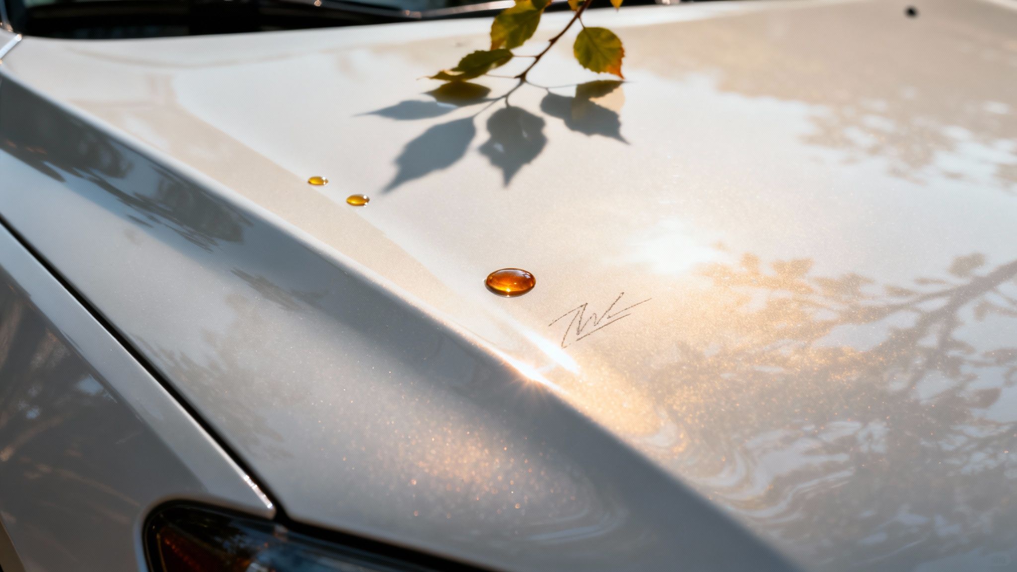 Amber tree sap droplets and a leaf shadow on a sparkling white car hood with sun reflections.